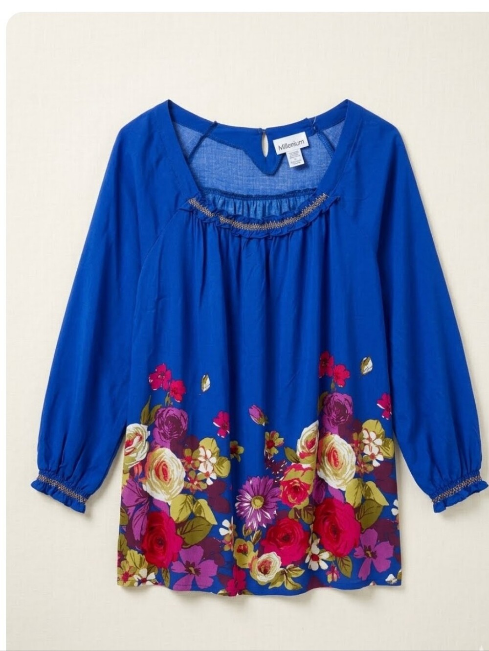 Millennium Royal Blue Floral Plus Size Blouse 1X